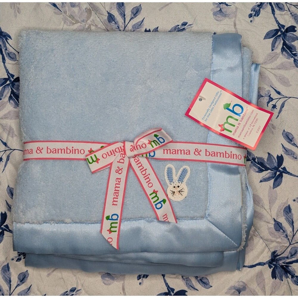 MB Mama Bambino Security Blanket Baby Blue Bunny Rabbit Satin Trim Lovey New NWT